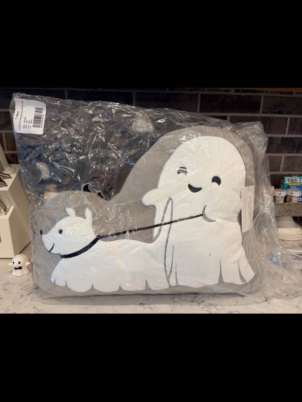 Isaac Mizrahi Gray and White Ghost Walking Dog Holiday Pillow